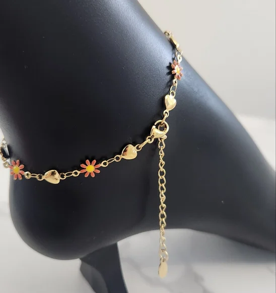 Gold Plated Heart and Enamel Daisy Charm Anklet - Picture 8 of 11